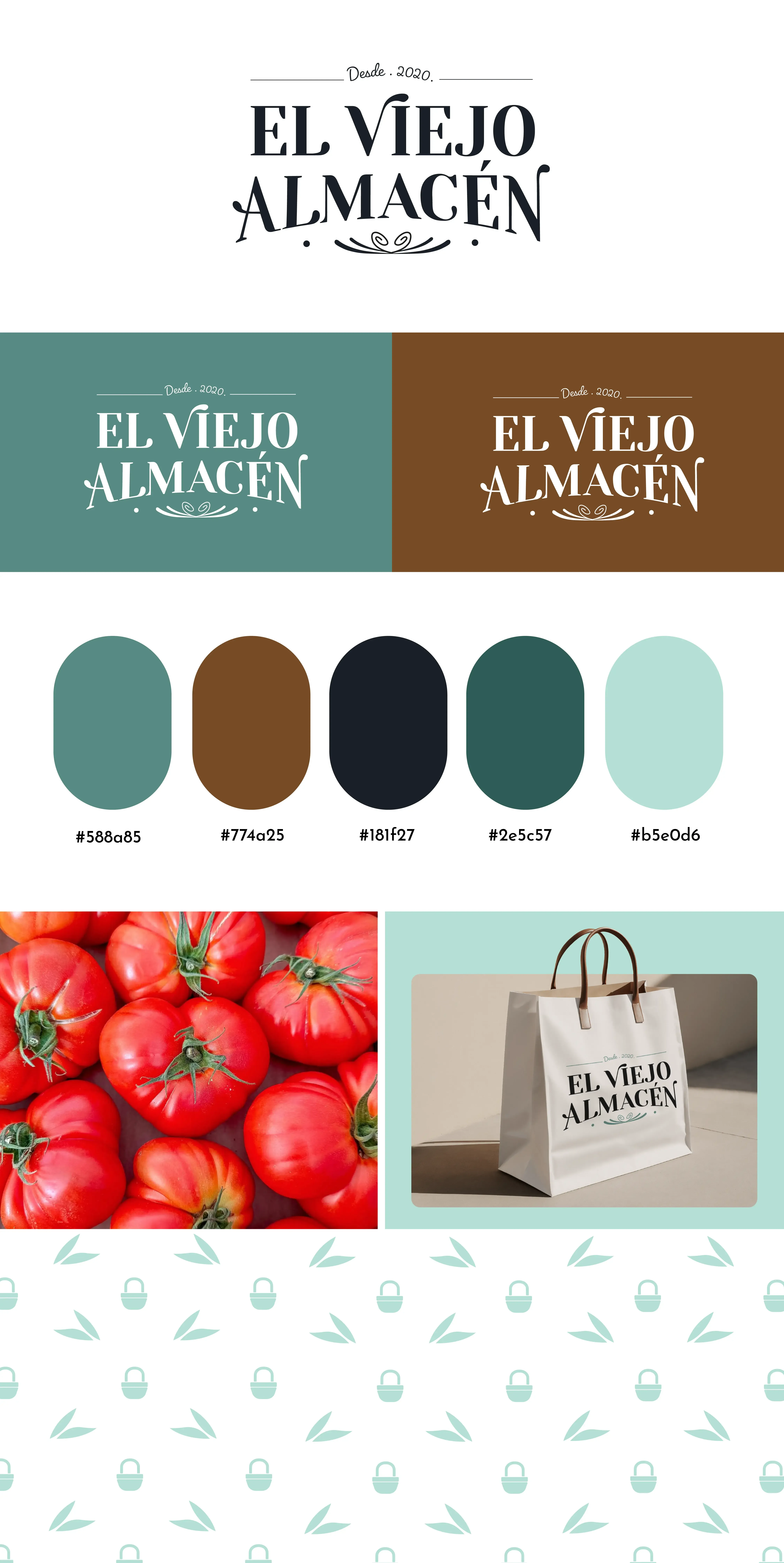 Brand Board de El Viejo Almacén mostrando logo, colores y mockups