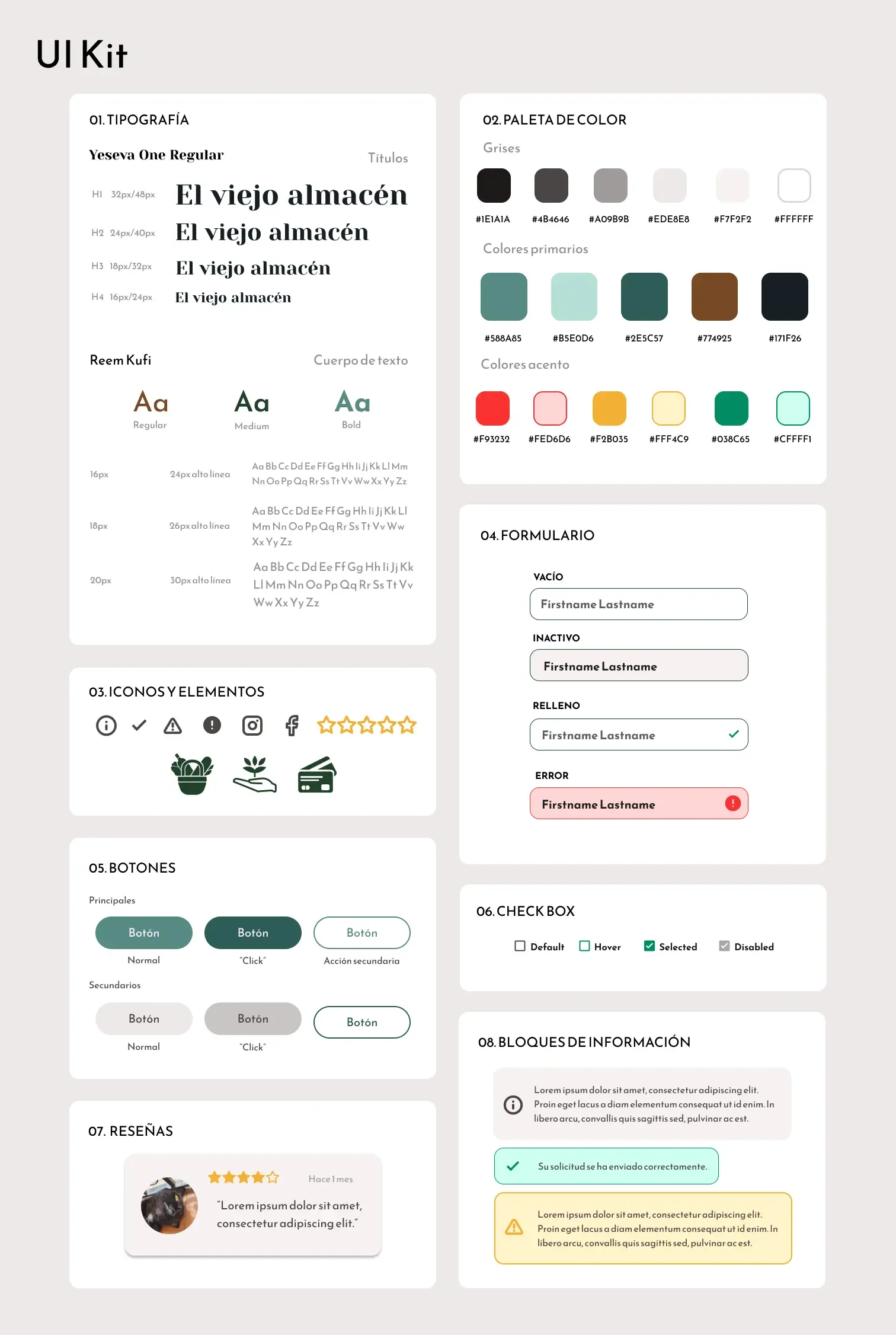 UI Kit de El Viejo Almacén con tipografía, botones, formularios y más